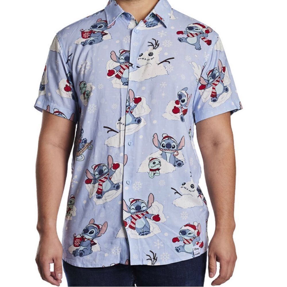 SALE Loungefly Disney Lilo and Stitch Holiday Snow Angel Unisex Camp Shirt NWT